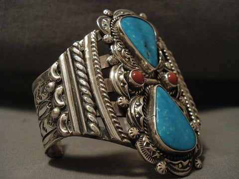 Colossal 100 Grams Modernistic Navajo Turquoise Coral Silver Bracelet