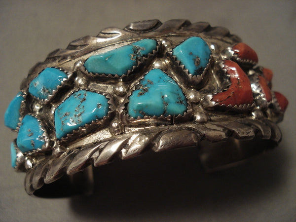 Hvy And Thick Chunky Vintage Zuni Turquoise Coral Silver Bracelet