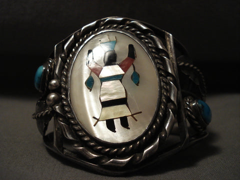 Huge Vintage Zuni/ Navajo Dancing Kachina Turquoise Silver Leaf Bracelet