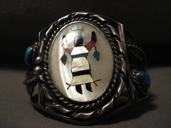 Huge Vintage Zuni/ Navajo Dancing Kachina Turquoise Silver Leaf Bracelet