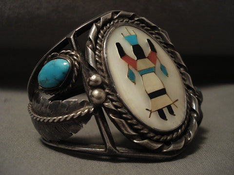 Huge Vintage Zuni/ Navajo Dancing Kachina Turquoise Silver Leaf Bracelet