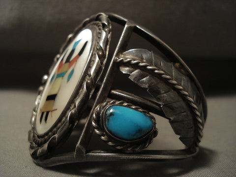 Huge Vintage Zuni/ Navajo Dancing Kachina Turquoise Silver Leaf Bracelet