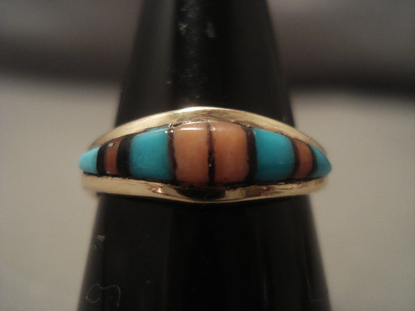 Quality Vintage Zuni 14k Gold Turquoise Coral Ring Vtg Old