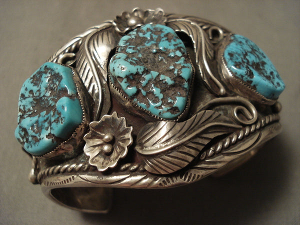 Floral Fountain Vintage Navajo Turquoise Silver Bracelet Old