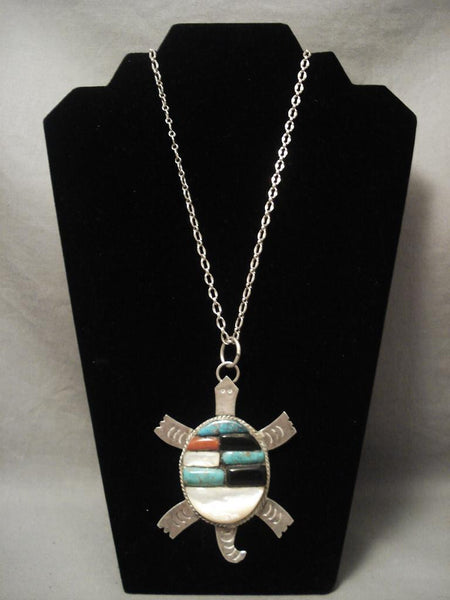 One Of The Largest Vintage Navajo Turtle Inlaid Necklace