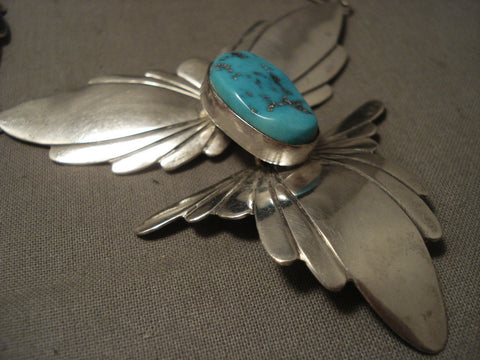 Cute Vintage Navajo Fabulous Silver Wings Turquoise Necklace Old