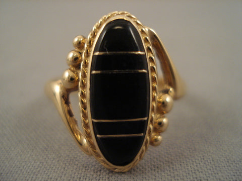 Exceptional Vintage Zuni 14k Solid Gold Onyx Ring Old