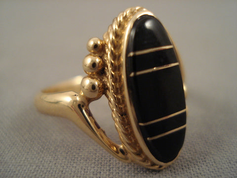 Exceptional Vintage Zuni 14k Solid Gold Onyx Ring Old