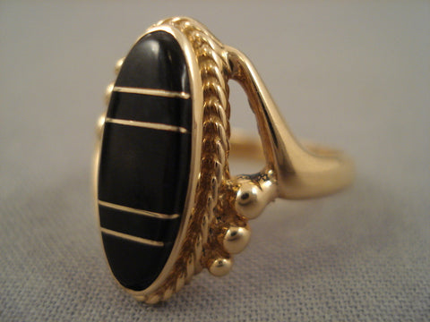 Exceptional Vintage Zuni 14k Solid Gold Onyx Ring Old