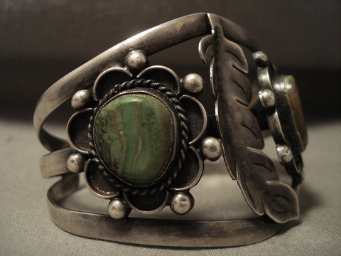 Huge Vintage Navajo Leaf And Green Turquoise Silver Bracelet Old
