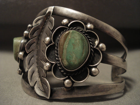 Huge Vintage Navajo Leaf And Green Turquoise Silver Bracelet Old