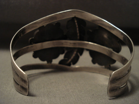 Huge Vintage Navajo Leaf And Green Turquoise Silver Bracelet Old