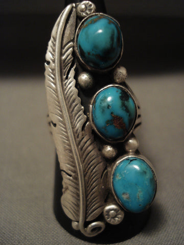 Museum Vintage Navajo Natural Pilot Mntn Turquoise Silver Leaf Ring Old