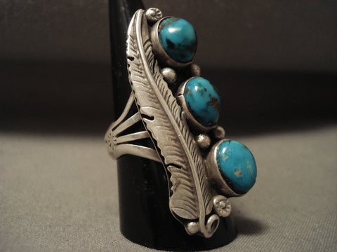 Museum Vintage Navajo Natural Pilot Mntn Turquoise Silver Leaf Ring Old