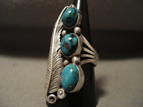 Museum Vintage Navajo Natural Pilot Mntn Turquoise Silver Leaf Ring Old