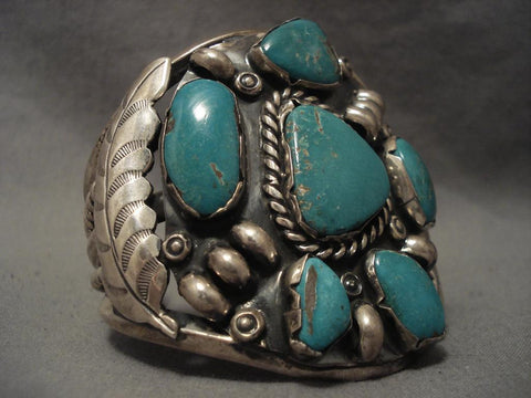 Very Rare stamped Leaf Silver Turquoise Bracelet