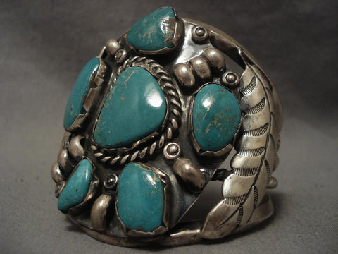 Very Rare stamped Leaf Silver Turquoise Bracelet