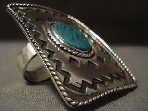 73 Gram Monster Vintage Navajo Duel Finger Turquoise Silver Ring Old